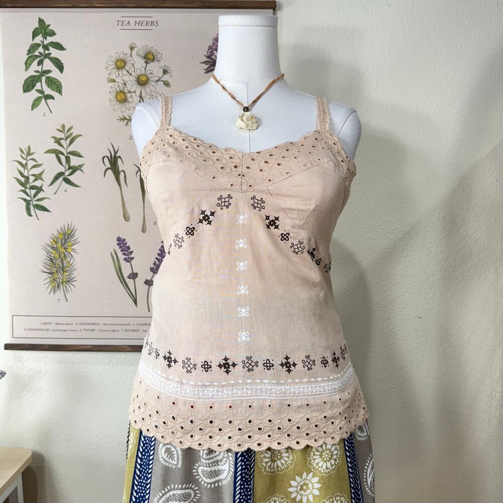 90s Y2k Embroidered Linen Tank Top Fairy Boho Hippie Forest Coastal Cowgirl M